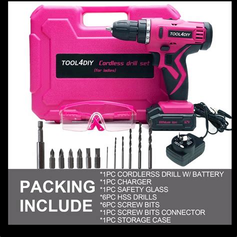 Tool4diy 12v Pink Cordless Electric Drill Driver Kit For Women Tool For