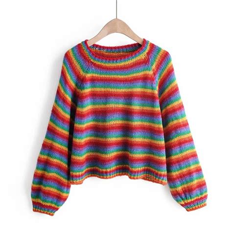 Artguy Women Long Sleeve Colorful Striped Rainbow Sweater Cropped
