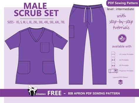 male scrub set  sewing pattern medical scrub sewing unisex nurse