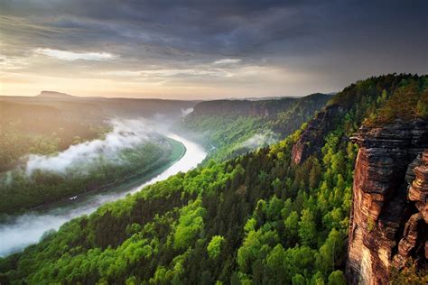 landscape nature river canyon forest mist cliff clouds sunset spring czech republic