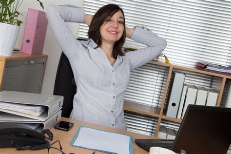 Business Woman Relaxing Hands Behind Her Head Sitting Chair Stock