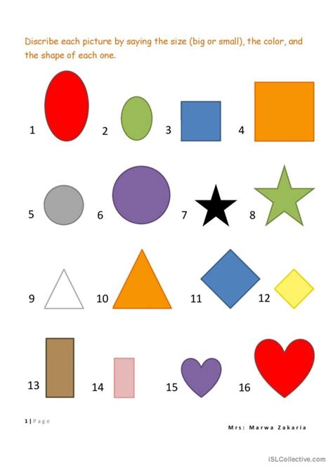 size shapes  colors english esl worksheets