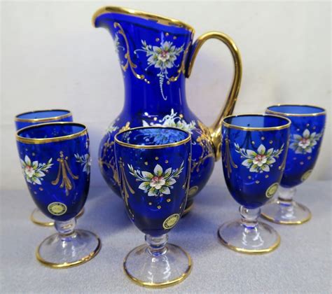 Murano Cobalt Blue ~ Pitcher And 5 Glasses ~ Vintage Unused ~ Gold W