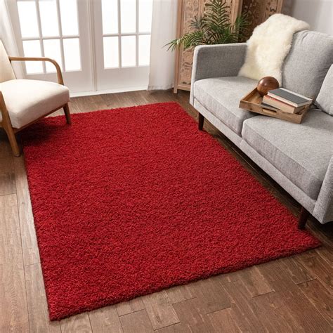 solid retro modern red shag     area rug plain plush easy care thick soft