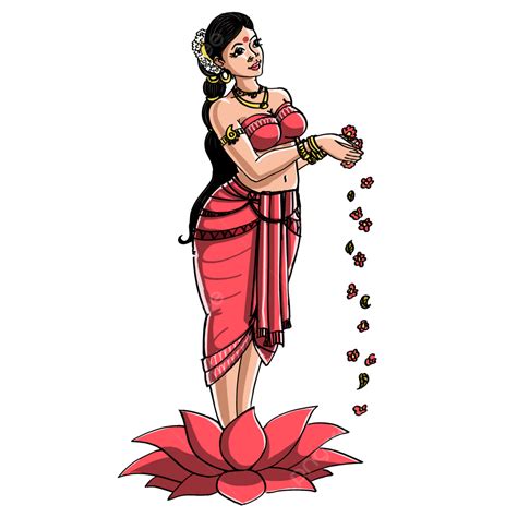 Welcome Girl Indian Apsara Standing On Lotus With Flowers In Hands