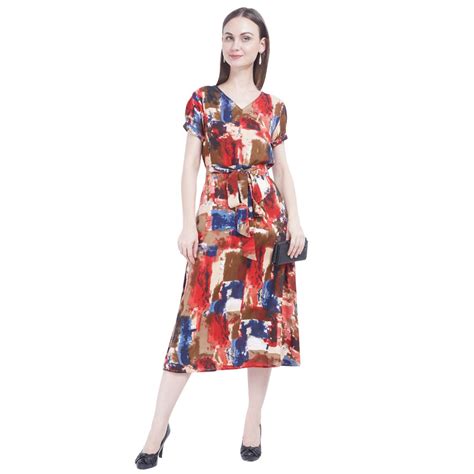 rayon half sleeves ladies red printed one piece dress rs 399 piece