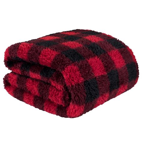 pavilia buffalo plaid black red sherpa throw blanket  couch sofa fluffy shaggy fleece