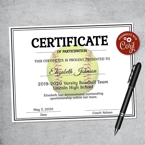 editable softball certificate template lillybellepaperie