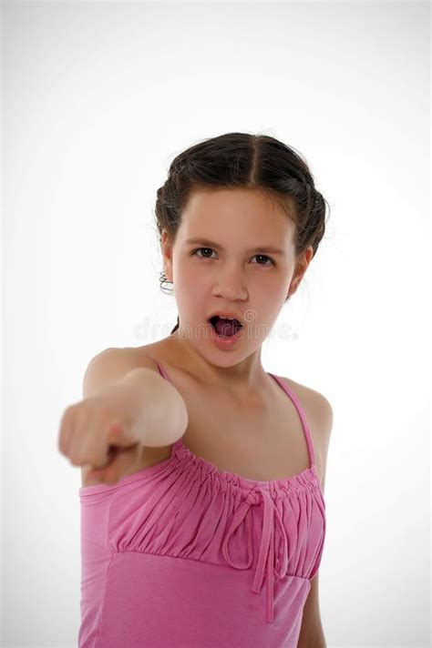 Girl In Pink Accuses Showing A Finger Stock Image Image Of Expression