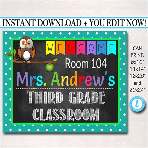 Editable Printable Teacher Classroom Door Sign Owl Classroom Etsy