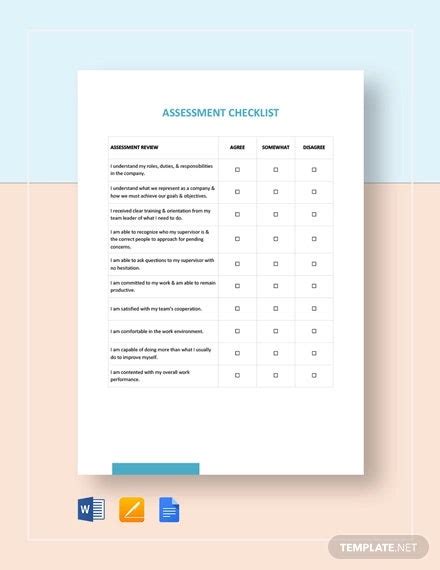 assessment checklist templates  sample  format