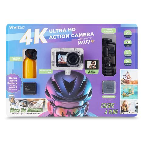 vivitar  ultra hd action camera kit dual screen  wifi bonus battery includes sd card