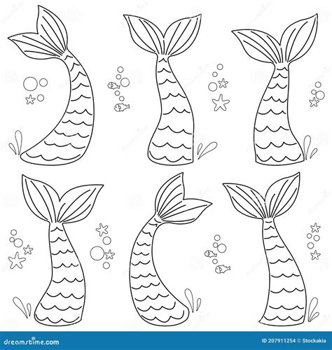 mermaid tails collection vector black  white coloring page stock
