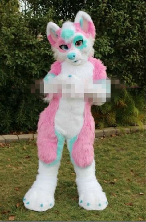 cute halloween pink long fur fox wolf fursuit mascot costumes suits blue adults outfits