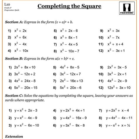 completing  square cazoom maths worksheets