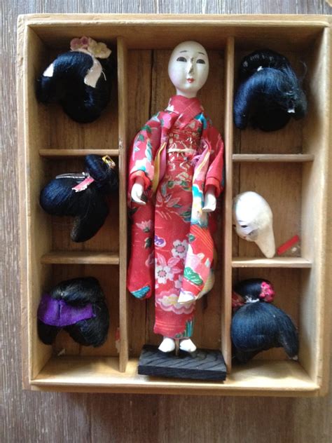 vintage japanese geisha doll in a box with wigs wwii