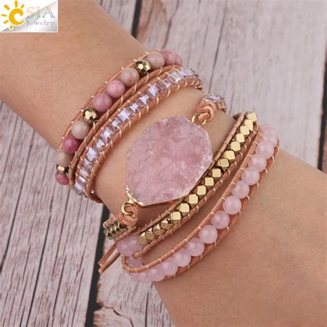 csja natural gems stone bracelet crystal beads pink quartz bracelet