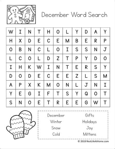 december word search printable puzzle  kids  printable
