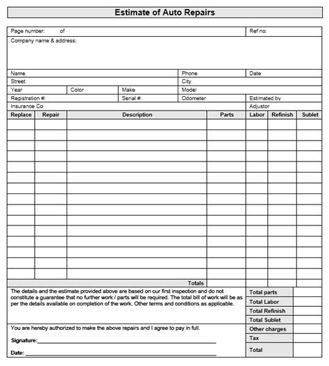 printable  auto body repair estimate template forms