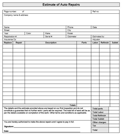 Printable Auto Body Repair Estimate Forms Printable Forms Free Online