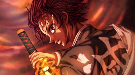 demon slayer tanjiro kamado  fire sword  blur background hd anime wallpapers hd