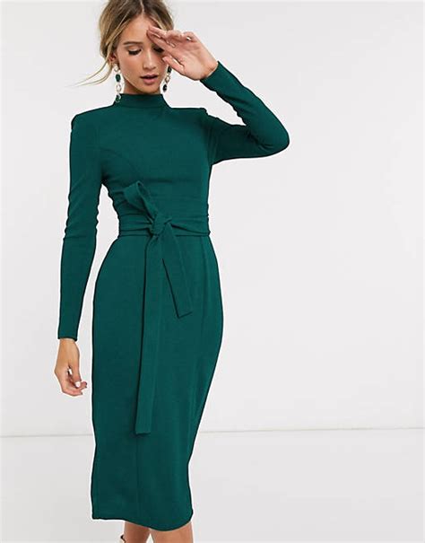 asos design long sleeve midi dress  obi belt  green asos