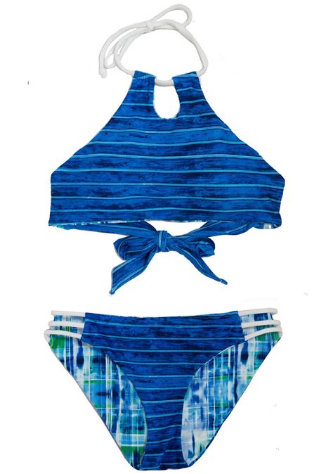 2 Piece Reversible Striped Blue Green Plaid Girls Halter Bikini Set