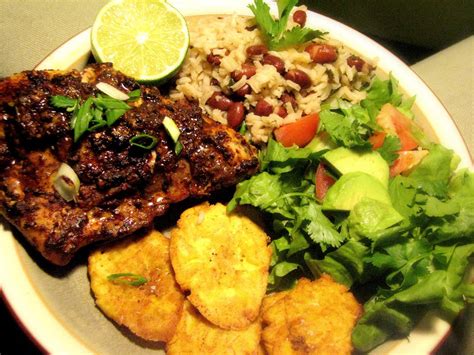 jerk chicken plantains rice and pea find this recipe