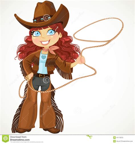 brunette curly hair cowgirl with lasso stock vector illustration of female drawing 41173372