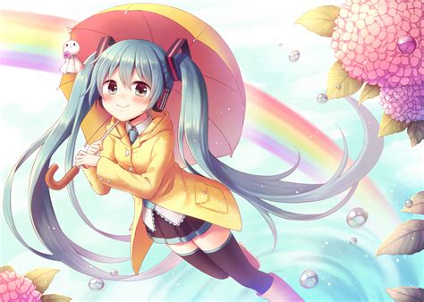 amane kurumi blush boots flowers hatsune miku leaves rainbow skirt thighhighs twintails umbrella