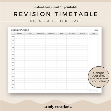 revision timetable printable set study schedule weekly timetable hourly agenda    letter
