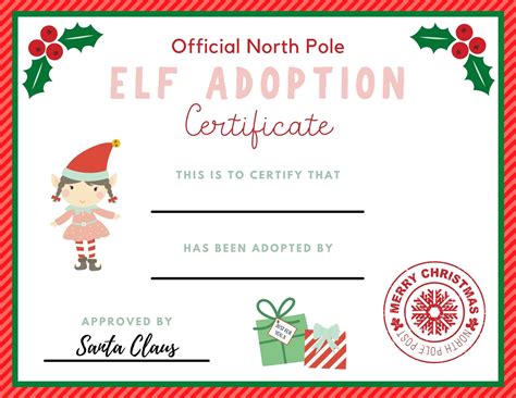 template  elf adoption certificate  printable printable
