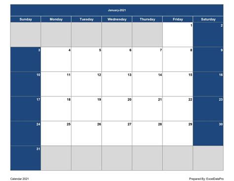 Download 2021 Monthly Calendar Sun Start Excel Template