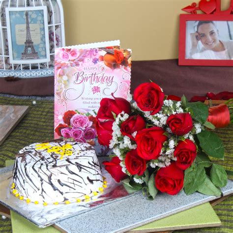 red roses with cake and birthday greeting card best price