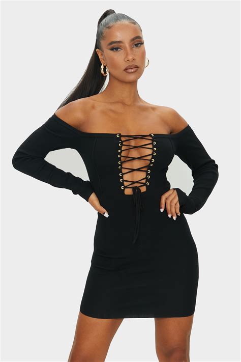 black lace up bardot ribbed knitted mini dress prettylittlething usa