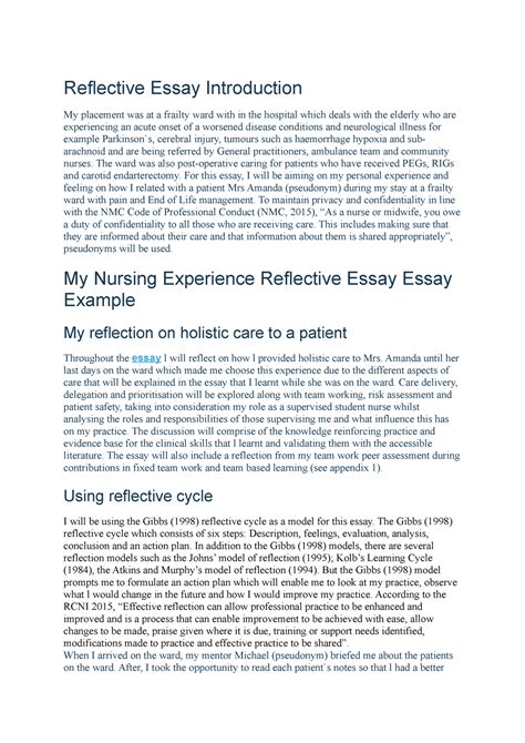 reflective essay introduction  ward   post operative caring