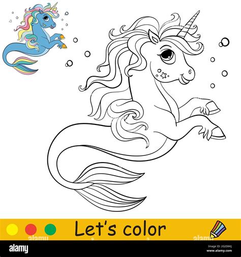 cartoon cute sea unicorn  bubbles coloring book page  colorful