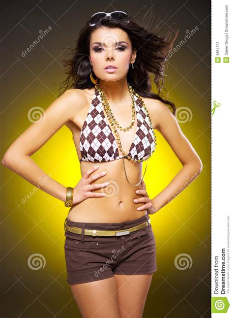 woman on yellow stock image image of glamour brown hair 9854807