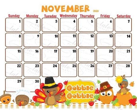 november thanksgiving calendar  cute turkeys