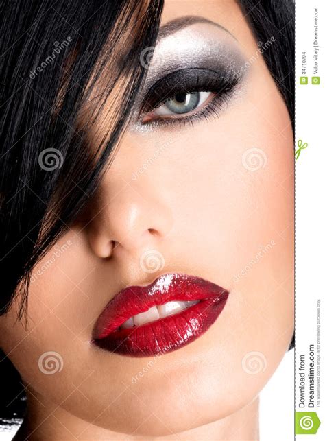 Beautiful Woman With Sexy Red Lips And Eye Makeup Stock