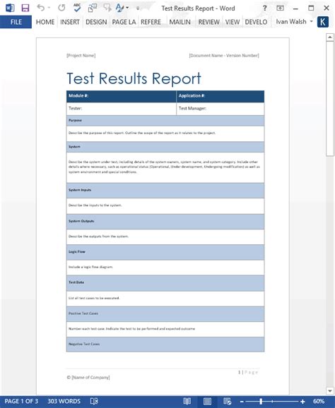 test results report form ms word software testing