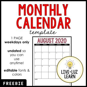 editable monthly calendar template   luz learn tpt