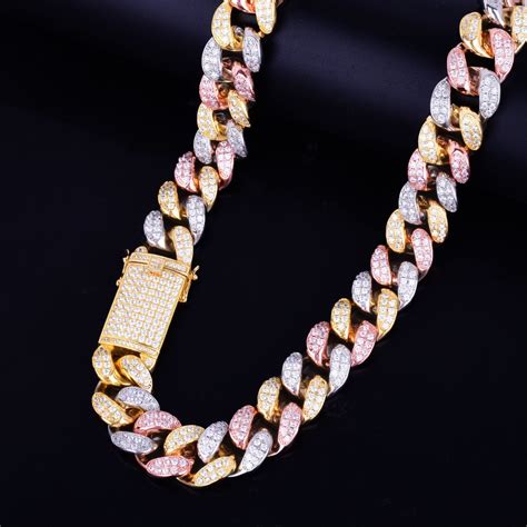 20mm heavy tri color 14k gold silver rose micro pave miami cuban link