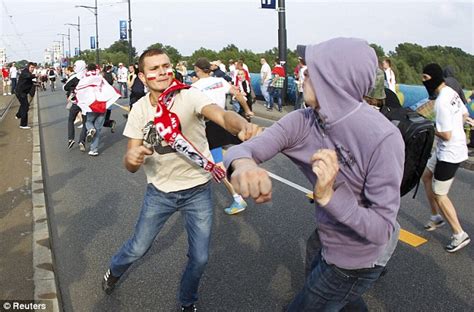 euro 2012 russia fans clash with poland fans before match