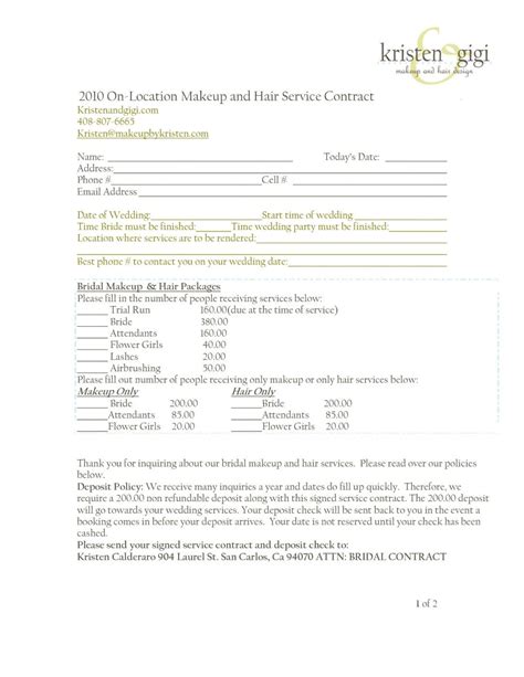 bridal hair contract template  printable templates