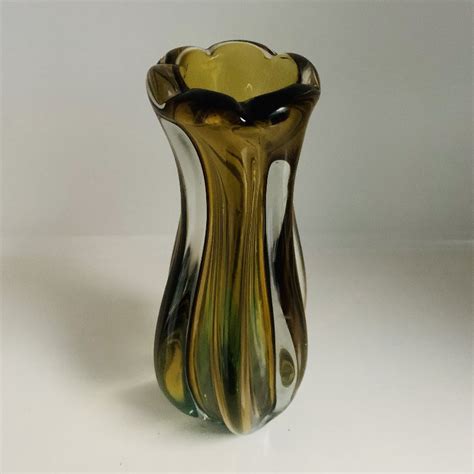 Murano Glass Sommerso Ribbed Bud Vase Green Gold