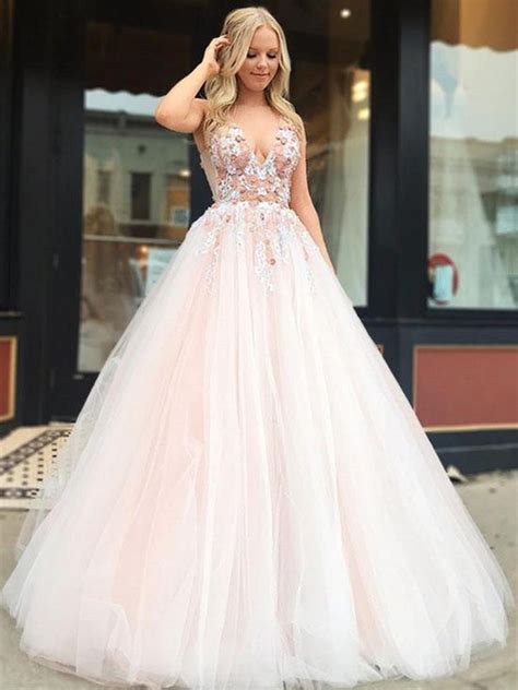 V Neck Tulle Lace Applique Light Pink Long Prom Dresses