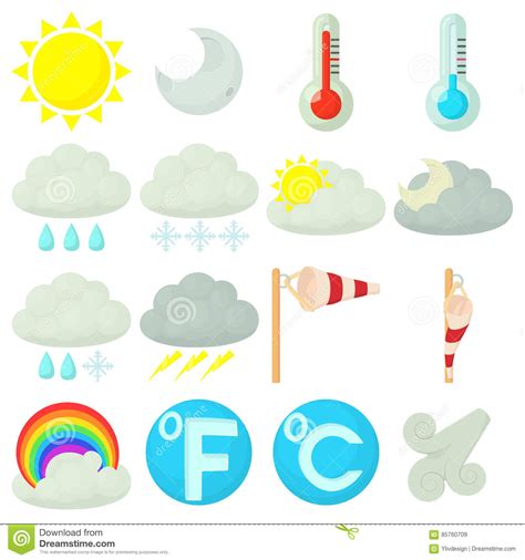weather symbols icons set cartoon style stock vector illustration