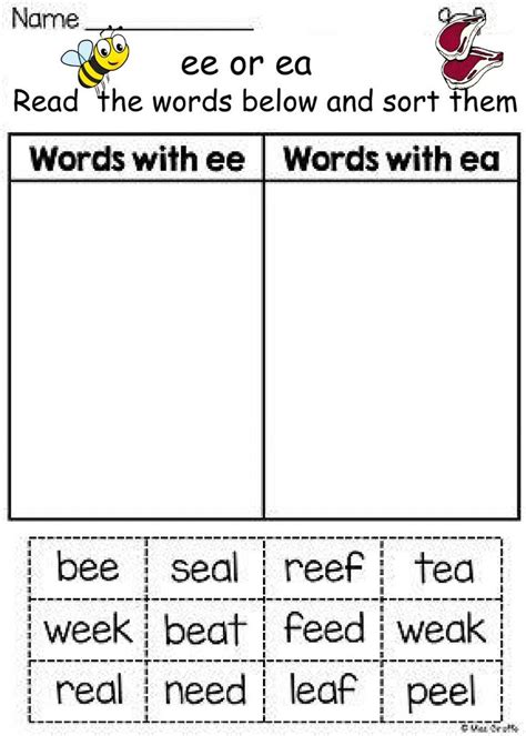 ee  ea sorting worksheet phonics worksheets ea words ee words