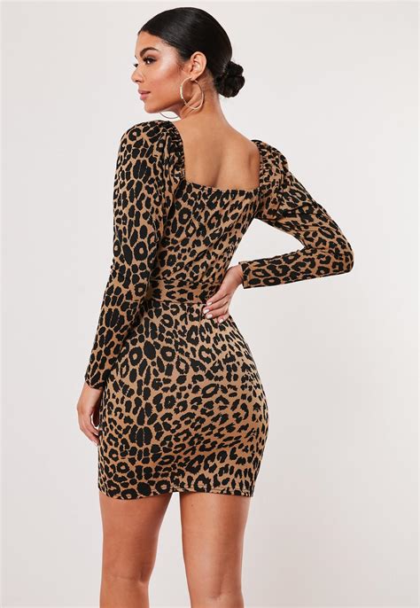 Brown Leopard Print Milkmaid Belted Bodycon Mini Dress Missguided